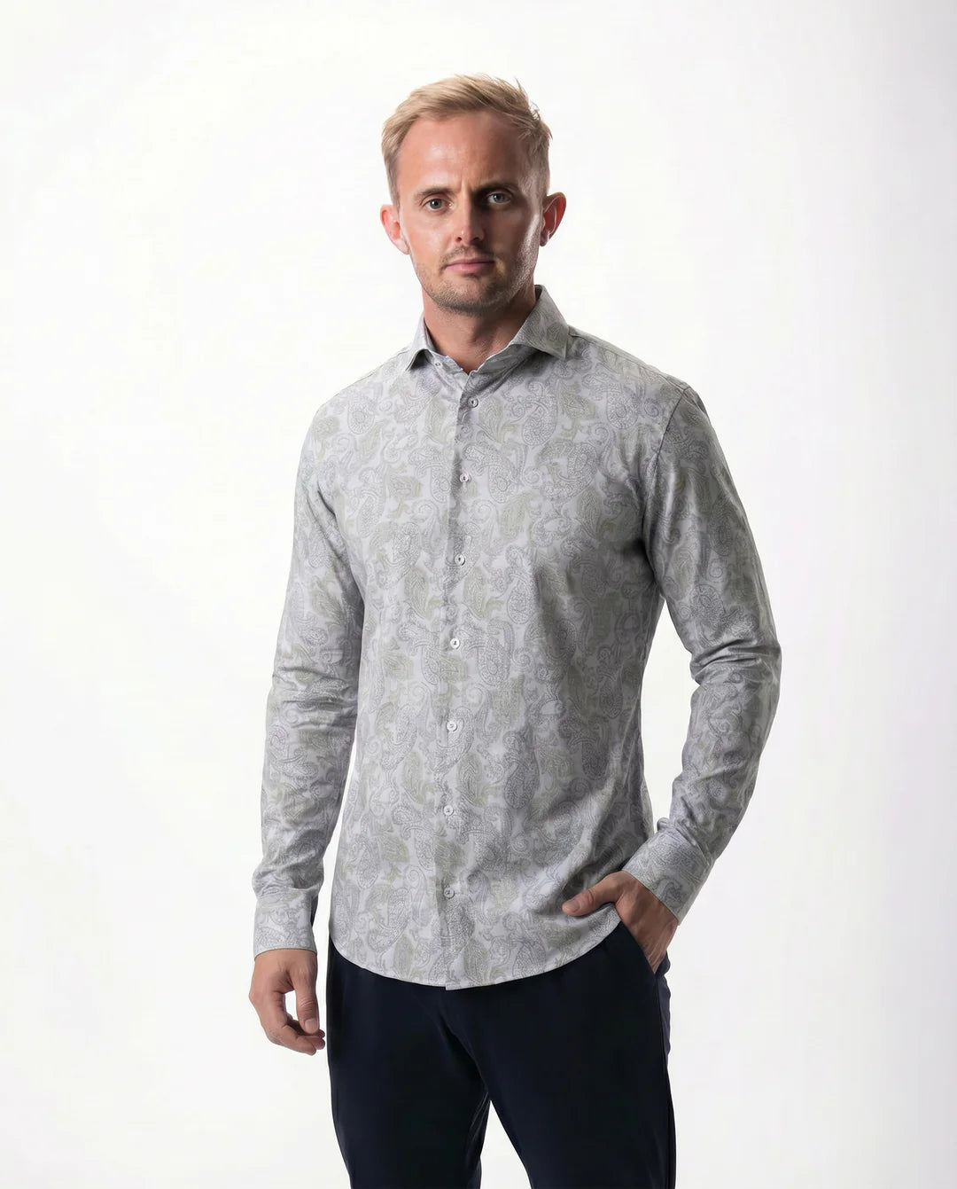 IOS - Hemd mit dezentem Paisley Print aus sehr bequemer Jerseyware - Light Khaki Paisley