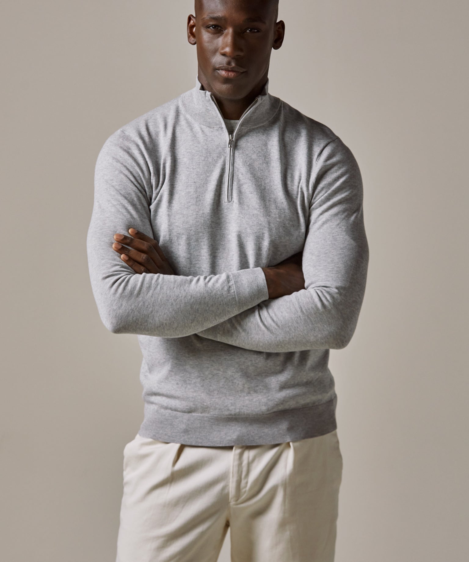 Profuomo - Feiner Strickpullover mit Half-Zip in Hellgrau