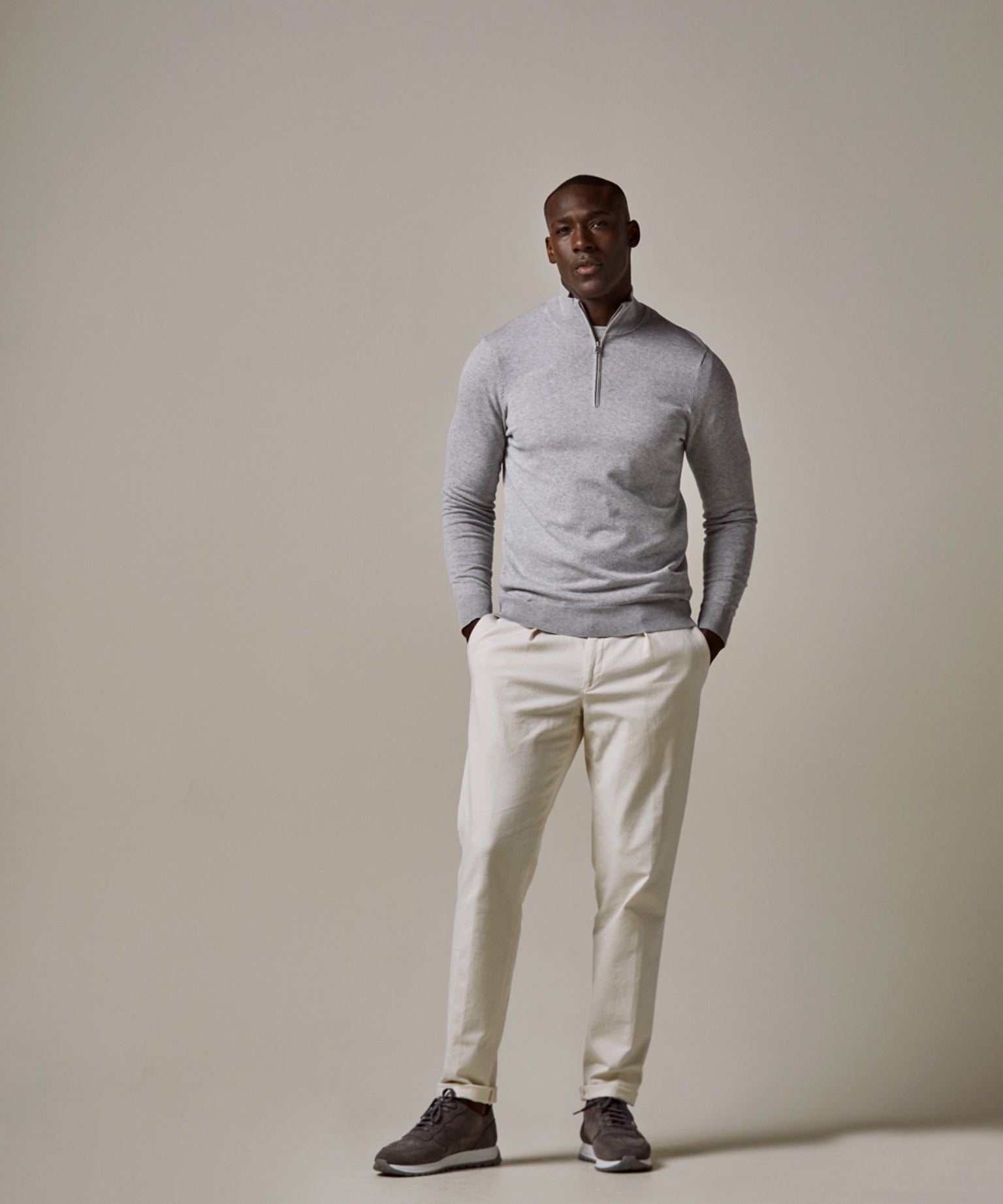 Profuomo - Feiner Strickpullover mit Half-Zip in Hellgrau