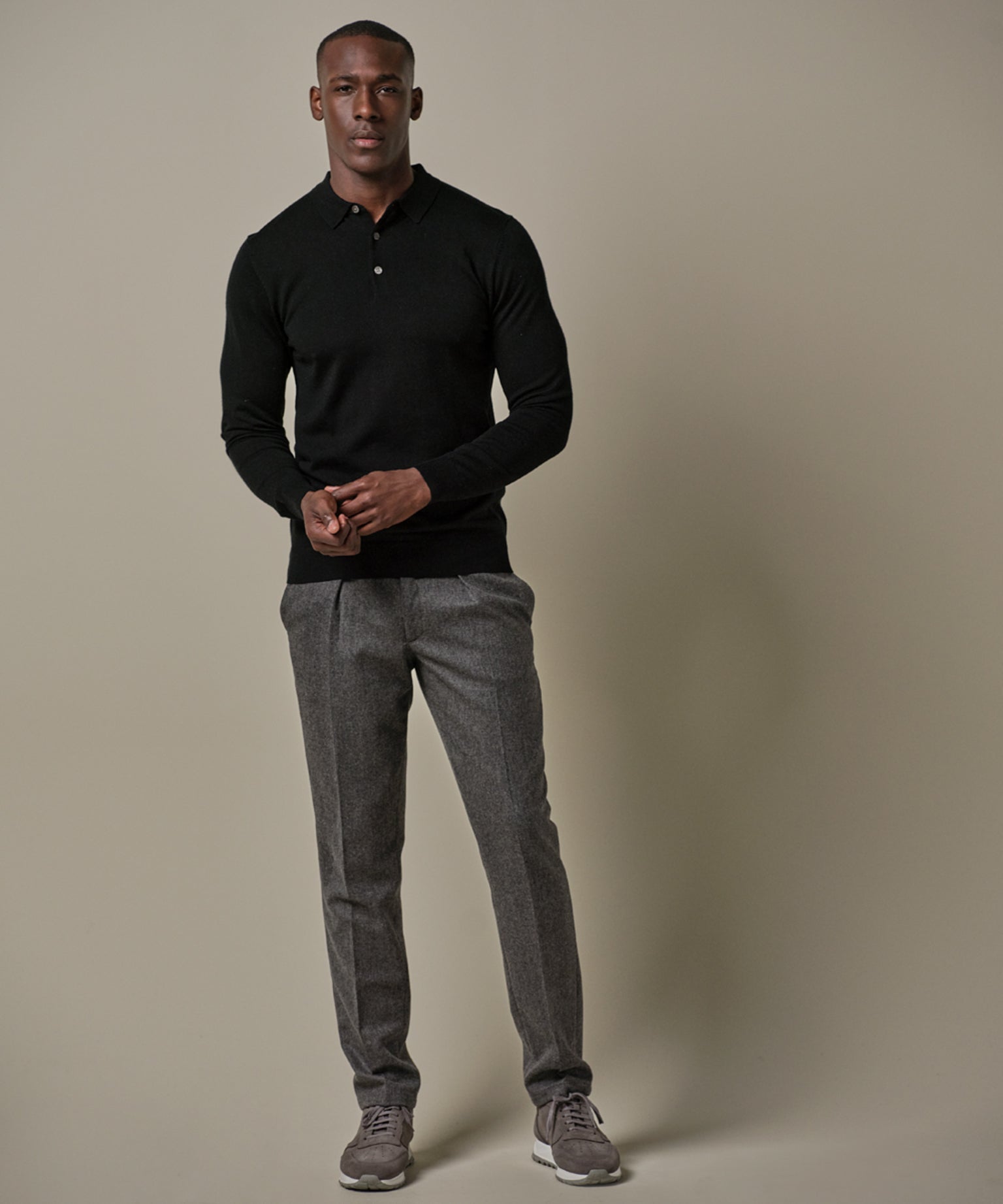 Profuomo - Langarm Poloshirt aus Merinowolle in Schwarz