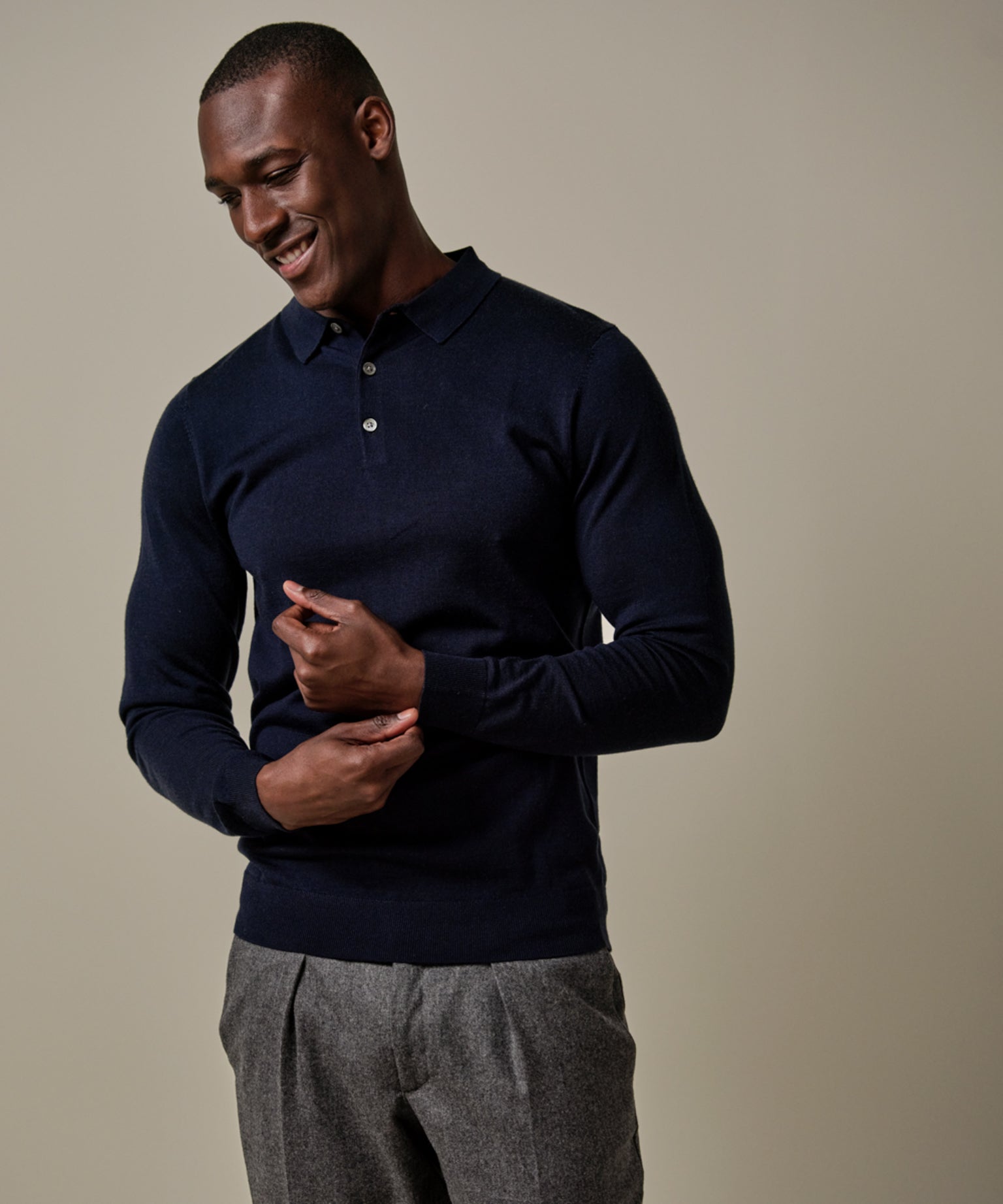 Profuomo - Langarm Poloshirt aus Merinowolle in Dunkelblau