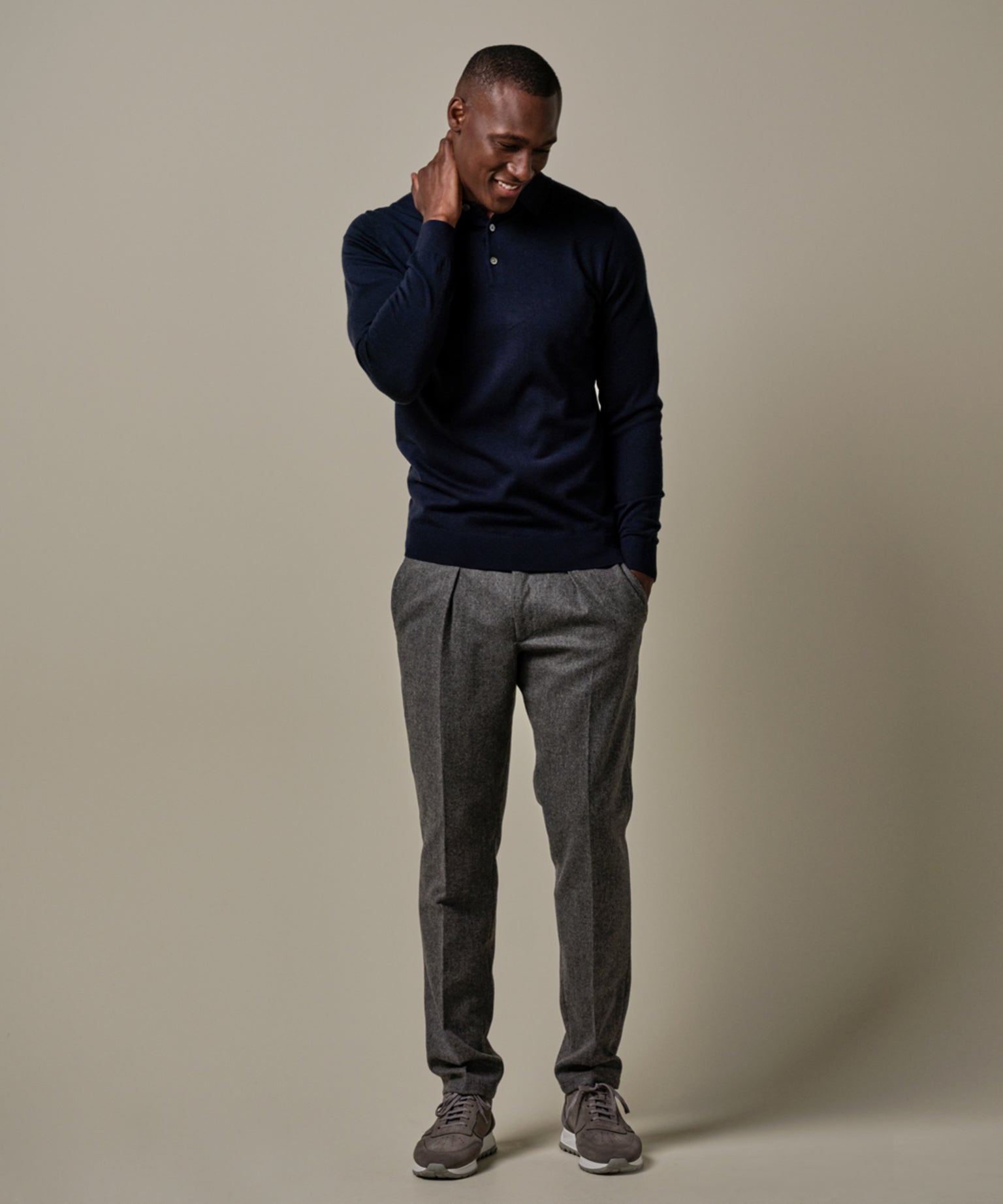 Profuomo - Langarm Poloshirt aus Merinowolle in Dunkelblau