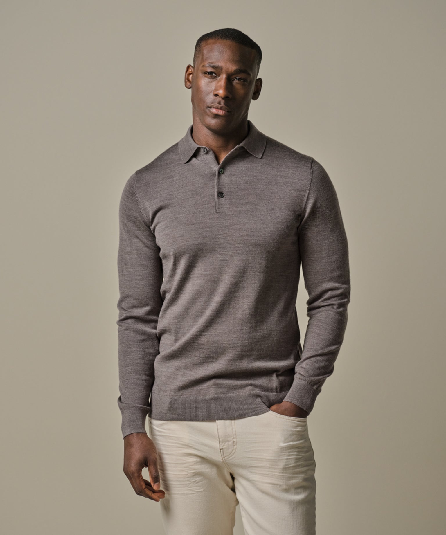 Profuomo - Edles Merino Strick-Poloshirt in Taupe